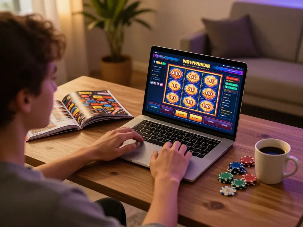 Player enjoying 99Win slots on their laptop, showcasing a cozy gaming atmosphere.