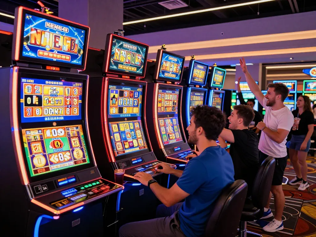 Players experiencing an exciting win on NENG4D slots, showcasing vibrant casino energy.