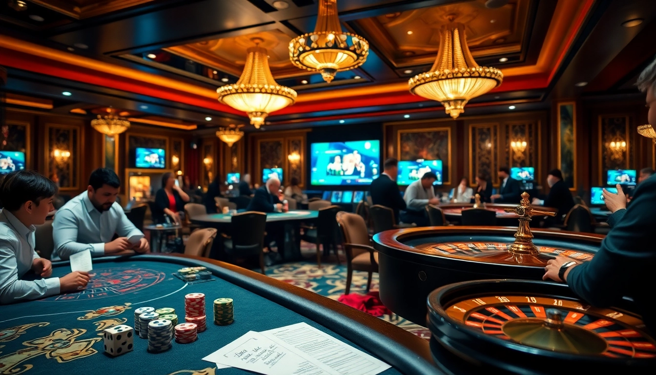 A thrilling casino experience featuring high-stakes games as players engage at tables, emphasizing the link vào lu88 for online betting.