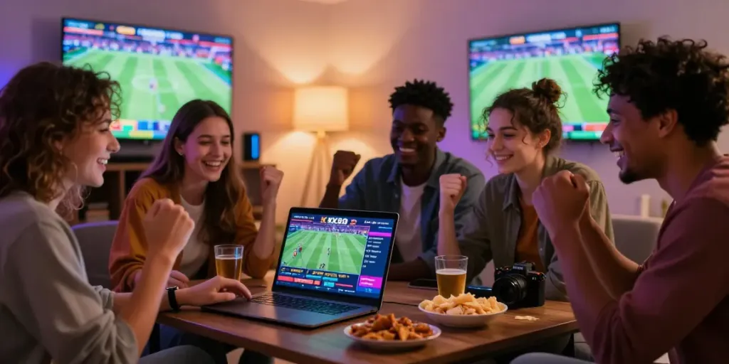 Friends enjoying an online betting session on xx88, celebrating wins in a cozy setting.