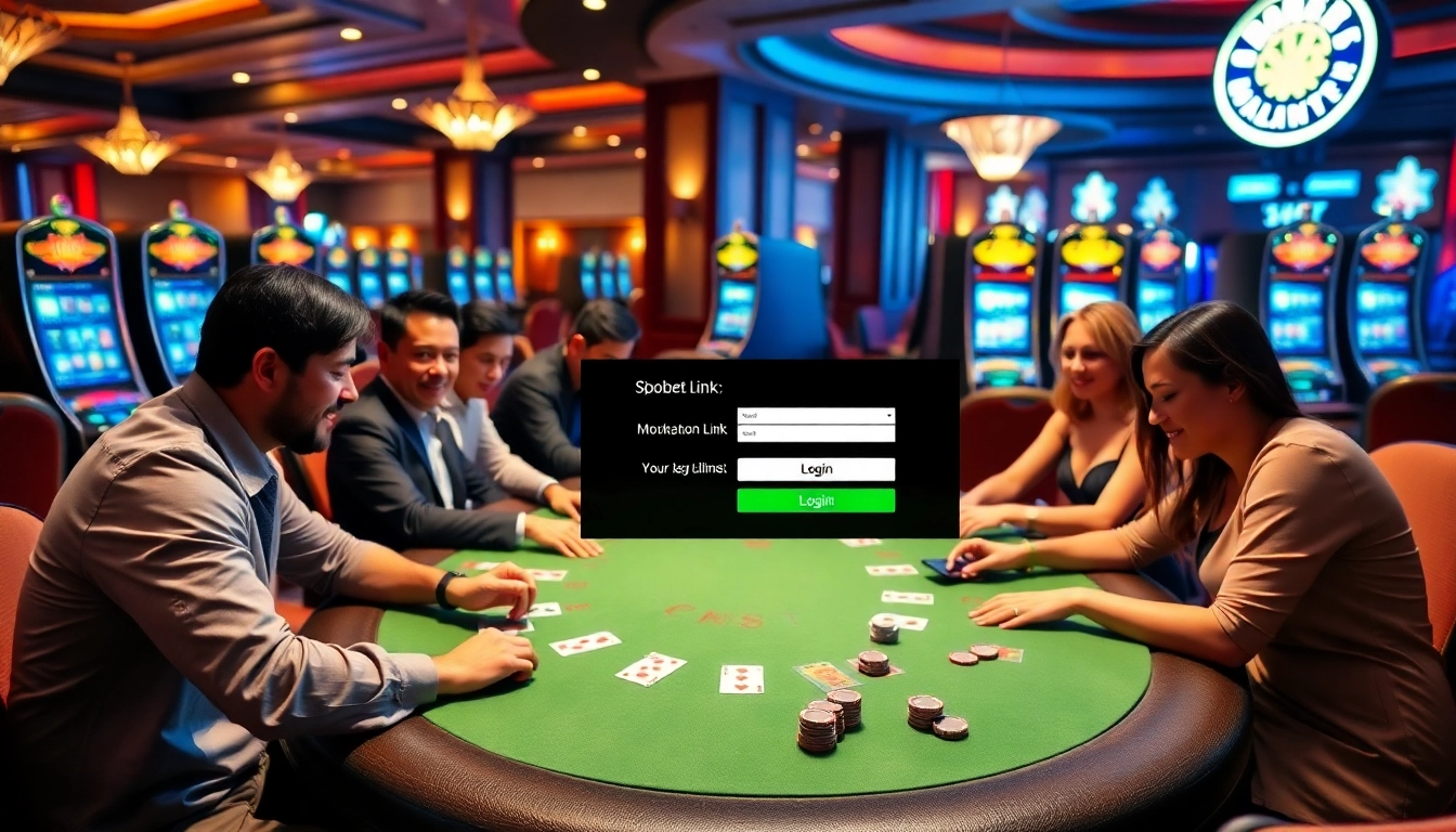 Excited players engaging in high-stakes blackjack at a casino, with sbobet link login interface visible.