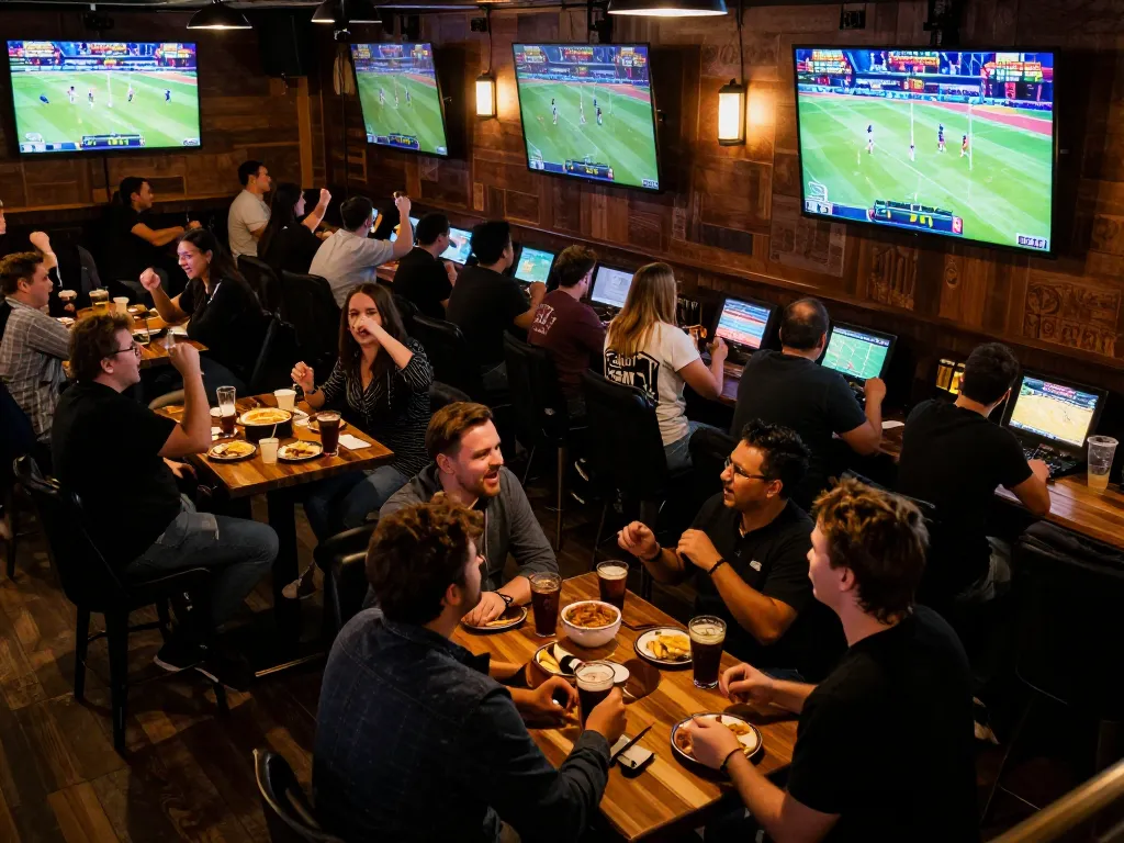 O8 sports bettors celebrating wins while engaging with live betting screens at a buzzing sports bar.