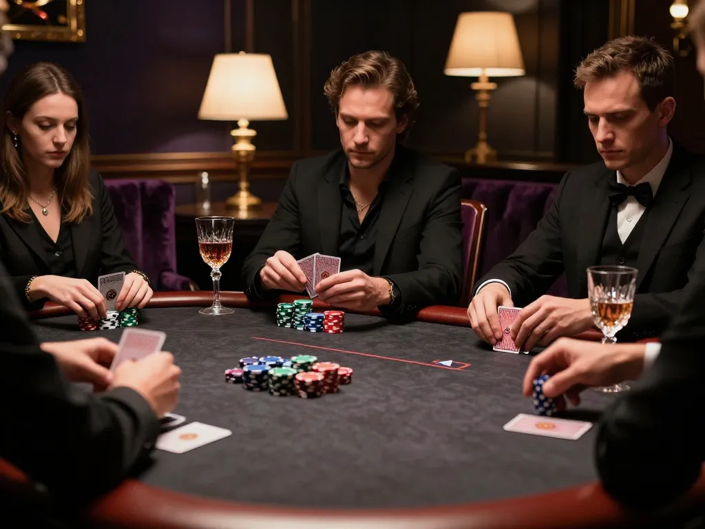 Players engaged in a high-stakes poker game at XX88, showcasing intense gameplay and luxurious setting.