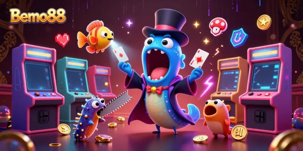 Experience Bemo88's vibrant casino atmosphere with animated characters and arcade games illustrating fun gaming action.