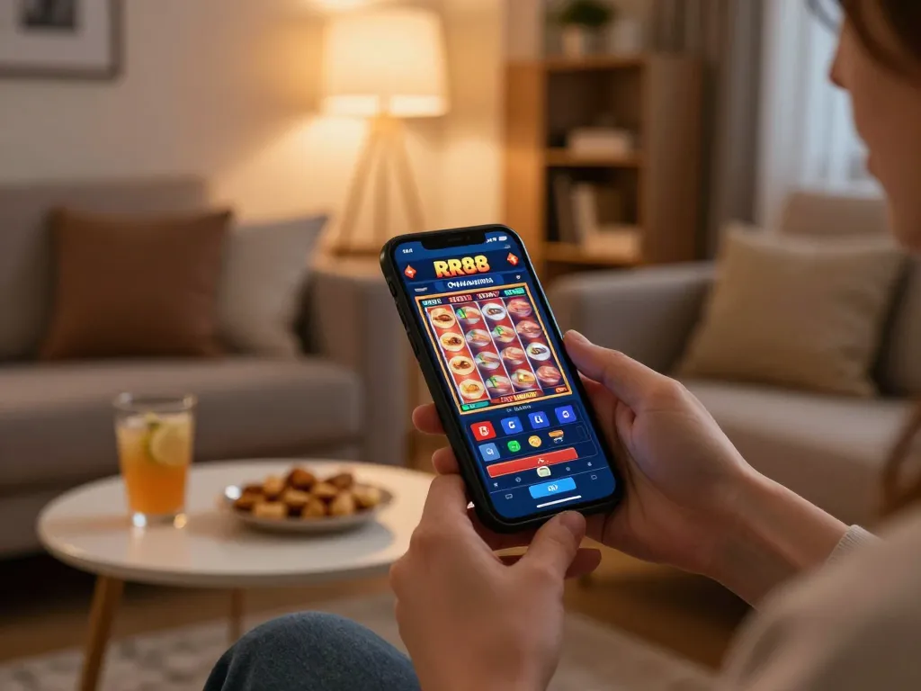 Engaged player using the RR88 app for mobile casino slots in a cozy living room