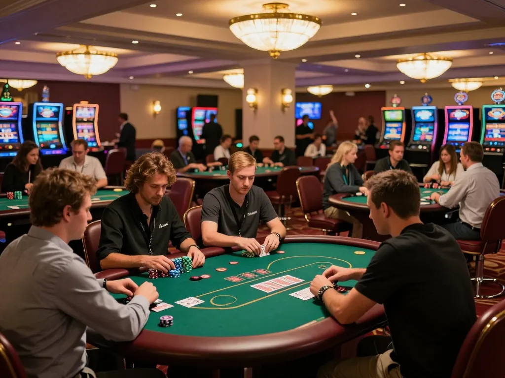 Engaging gameplay at NK88's upscale casino, players intensely focusing on poker tables.
