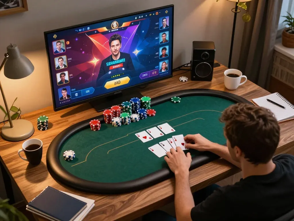 Players engage in an intense game of poker on 68win, showcasing strategy and excitement in a cozy setting.