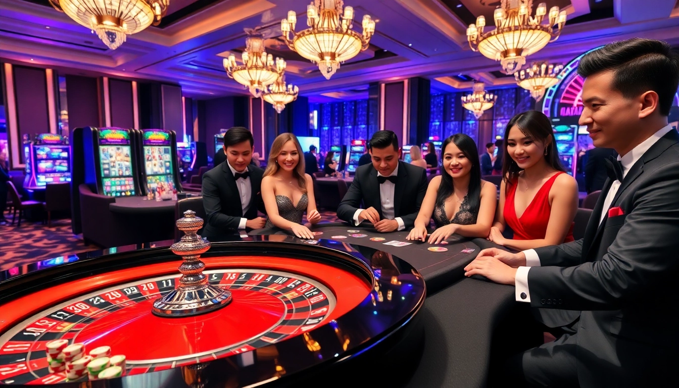 Casino scene featuring players at a roulette table with J88-themed slot machine, highlighting excitement and joy.