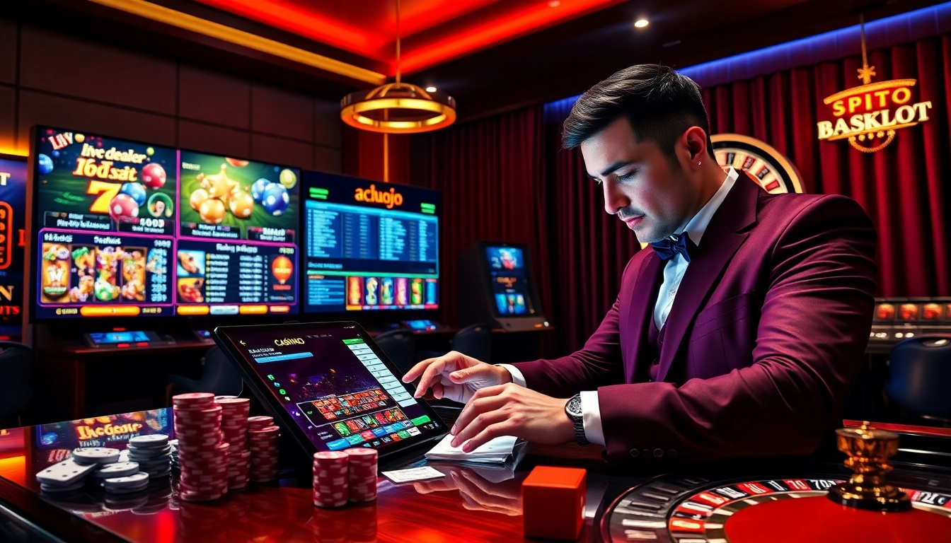 Strategic bettor engaging with sleek interface representing Nhà cái uy tín, poker chips, and roulette wheel