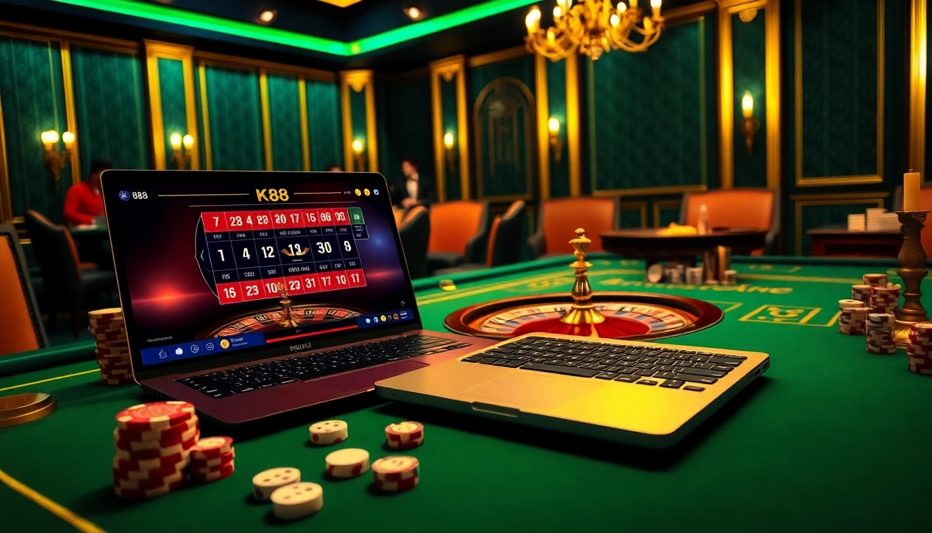 Experience thrilling gameplay on K88 with vibrant casino visuals featuring poker chips and roulette.