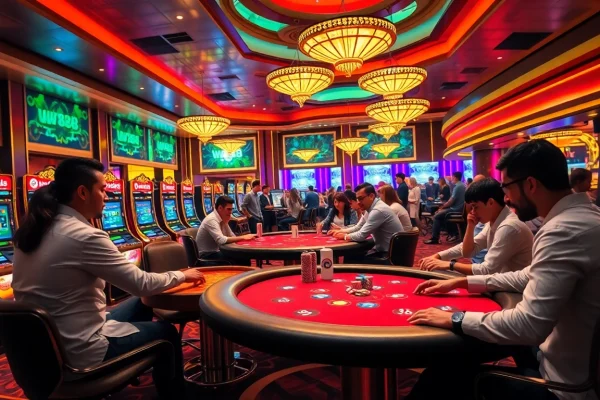 Players enjoying thrilling games at ww88 casino, featuring poker tables and slot machines.