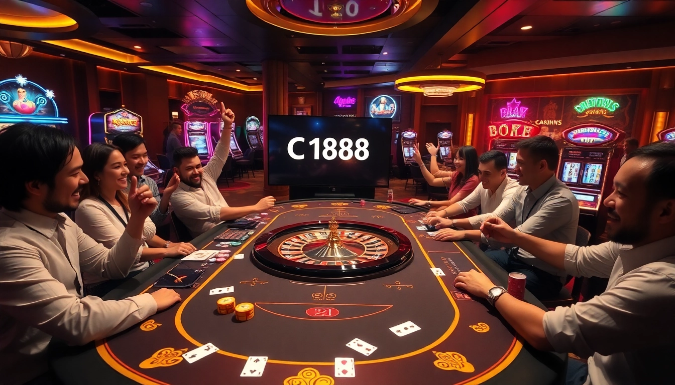 A dynamic casino scene showcasing players enjoying games at the C168 gaming table with vibrant poker chips and cards.