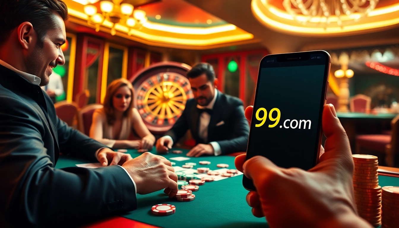 Engaged players in a high-stakes poker game at 99ok com casino, reflecting excitement with vibrant chips and cards.