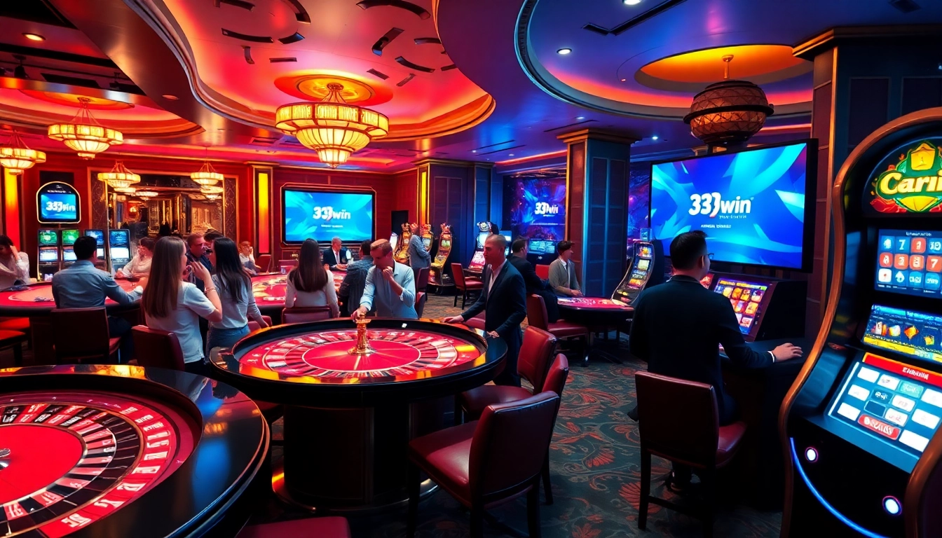 33win online casino players enjoying an immersive gaming experience at roulette and poker tables.