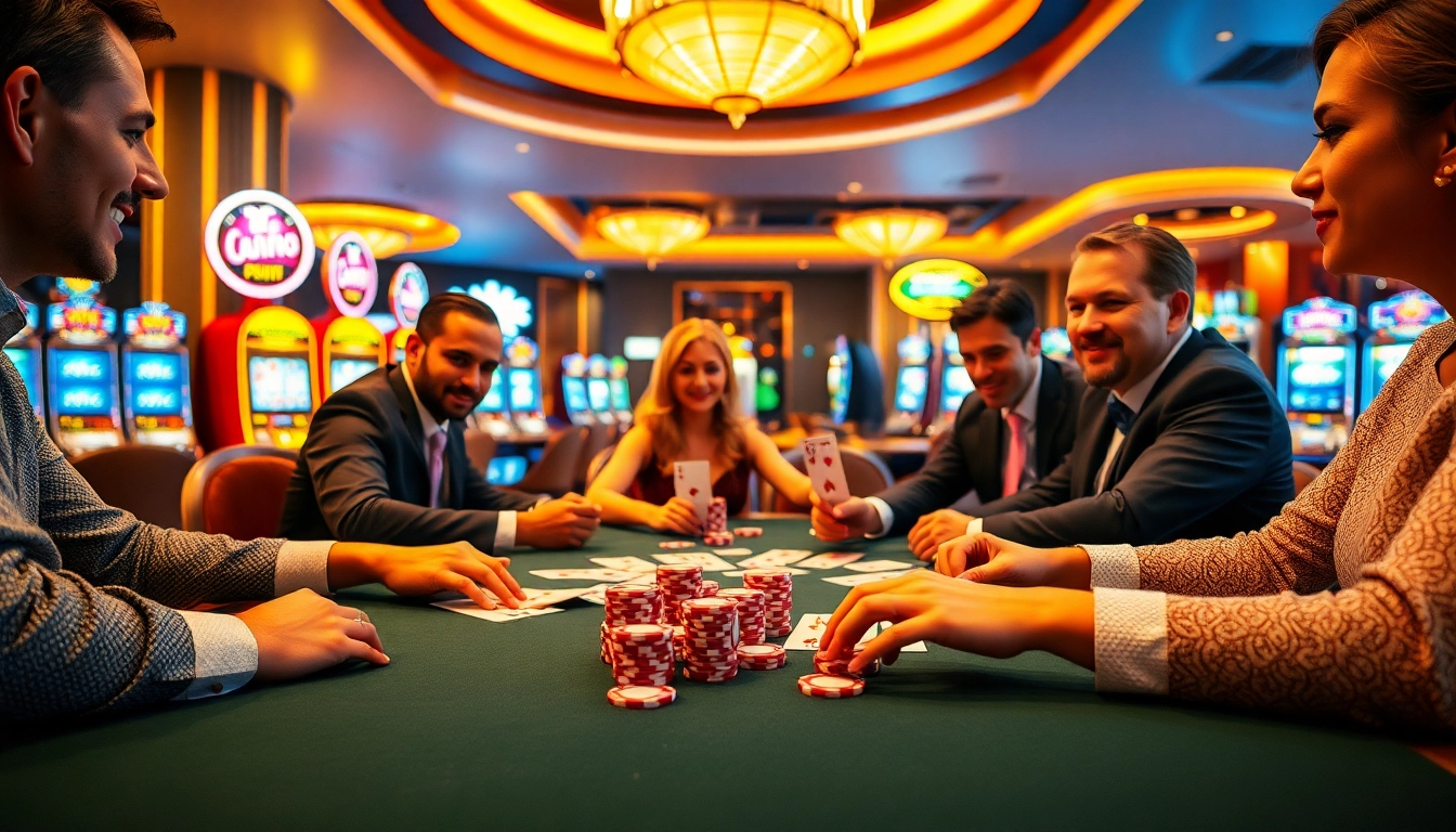 Rikvip players enjoy an exhilarating poker game at a luxurious casino, filled with vibrant slot machines.