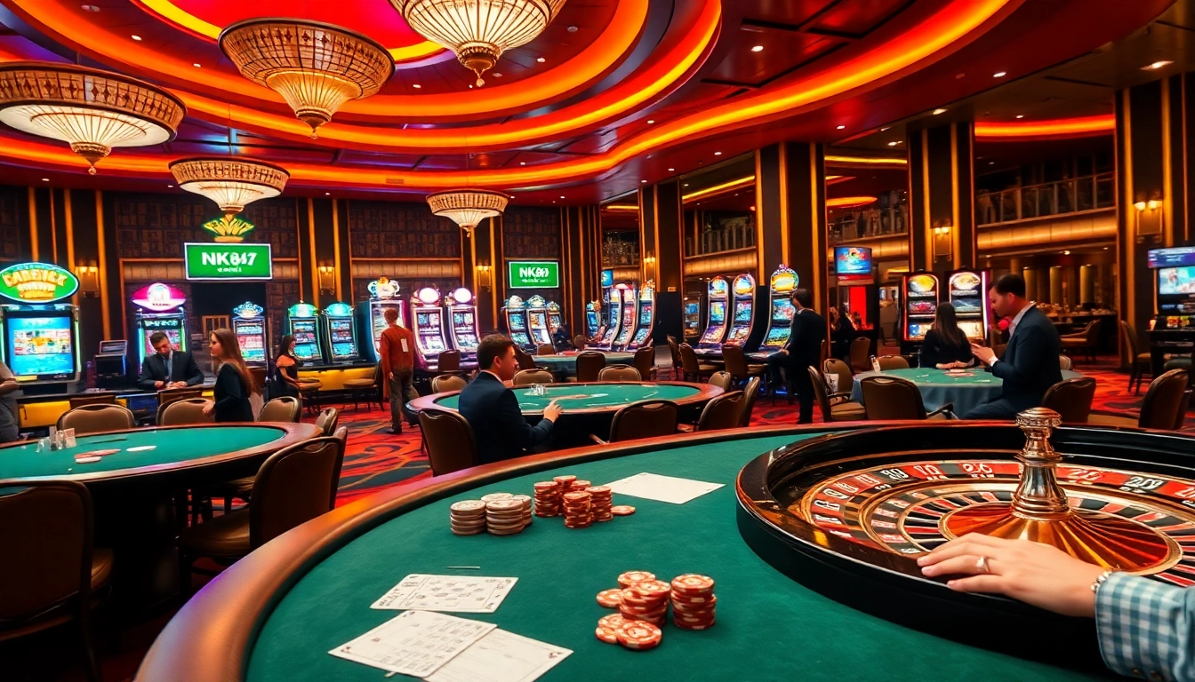Experience the excitement and luxury of nk88 bet at a bustling casino with vibrant gaming tables and slot machines.