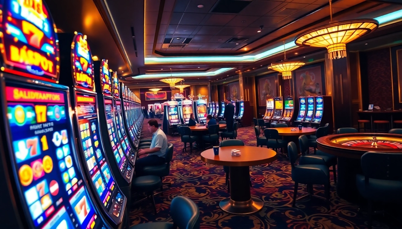 Players enjoying thrilling slot online games in an upscale casino atmosphere with vibrant lighting.