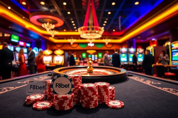 F8bet branded poker chips await players at a glamorous casino table filled with action.