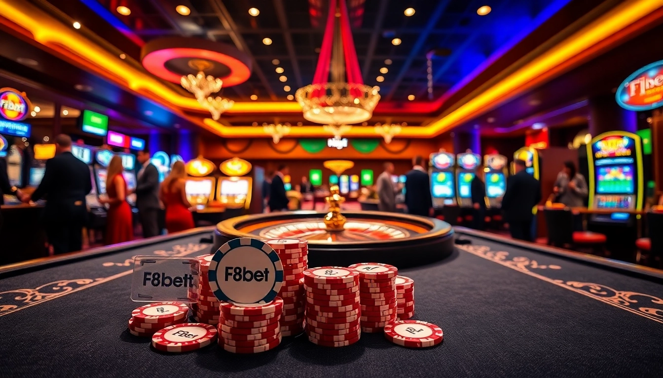 F8bet branded poker chips await players at a glamorous casino table filled with action.