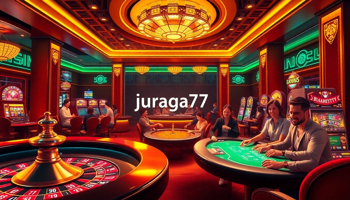 Experience thrilling games with juragan77 at a vibrant casino setting featuring roulette and poker.