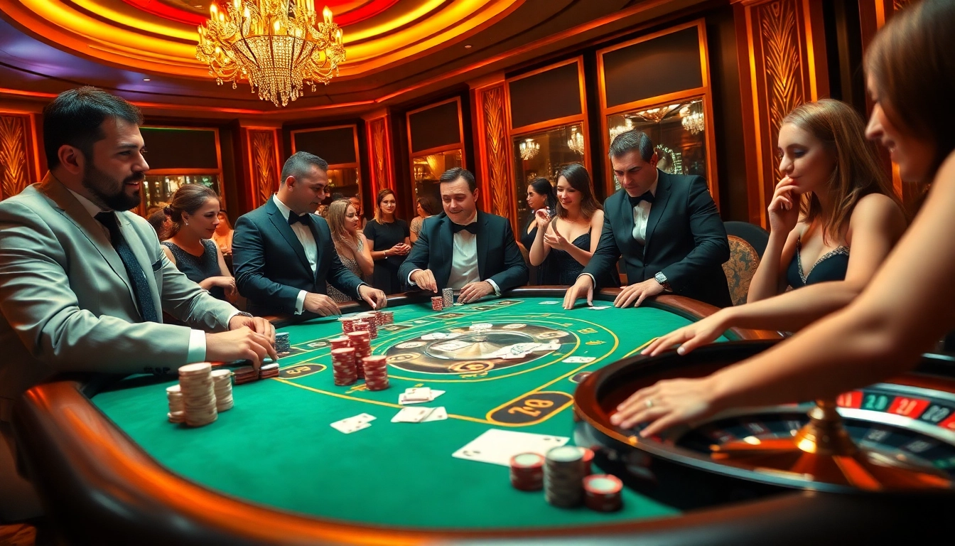 Players engaging in poker at bong88, showcasing excitement and luxury in a vibrant casino atmosphere.