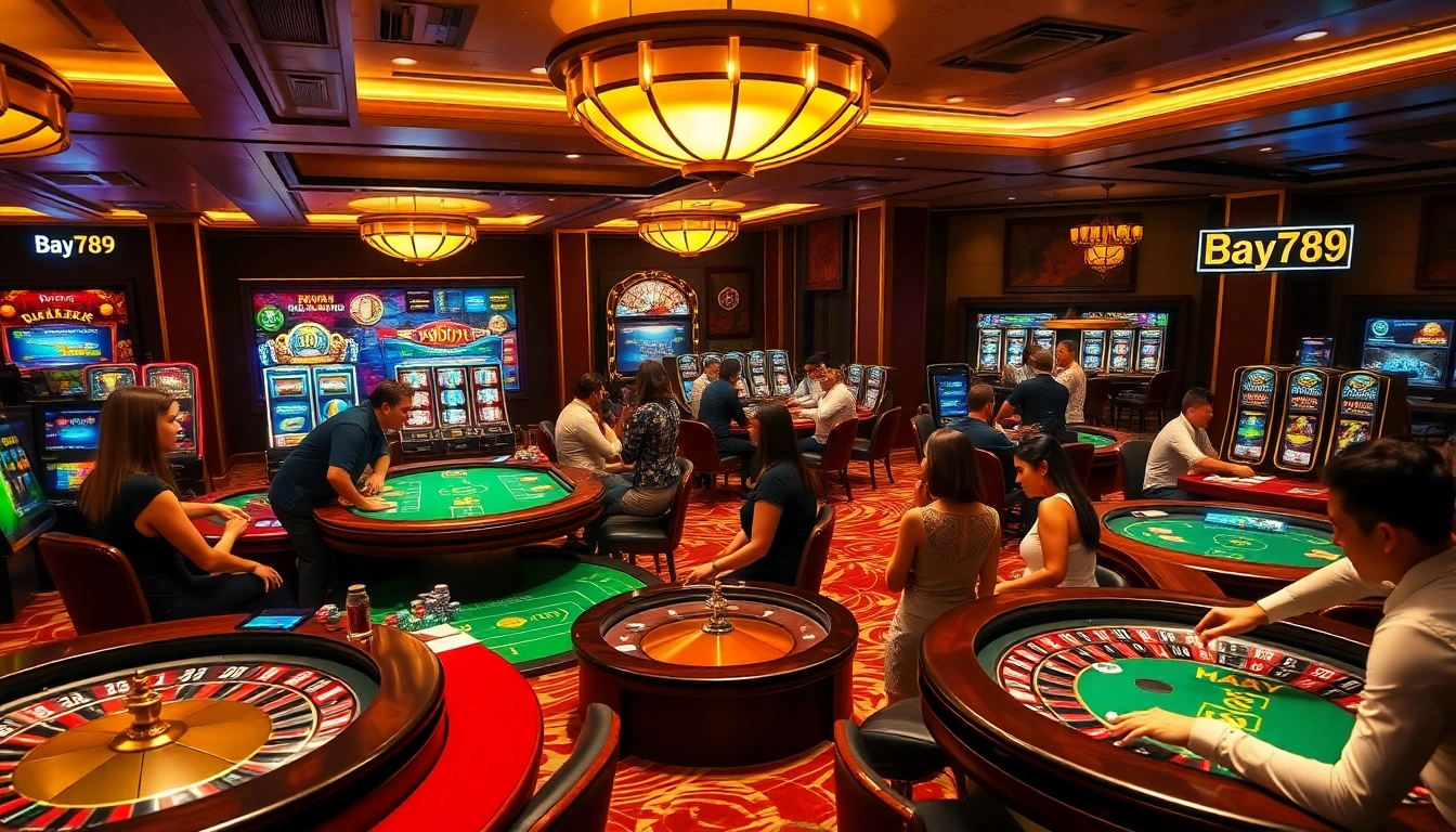 Experience the luxury gaming atmosphere at Bay789, featuring poker tables, roulette wheels, and diverse players.