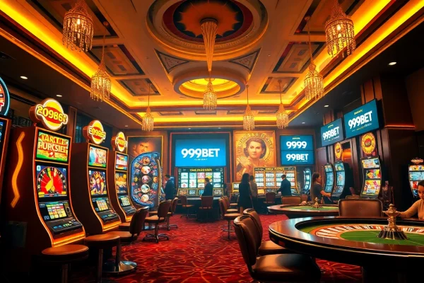 Players enjoying various games at 999BET, featuring vibrant slot machines and card tables.