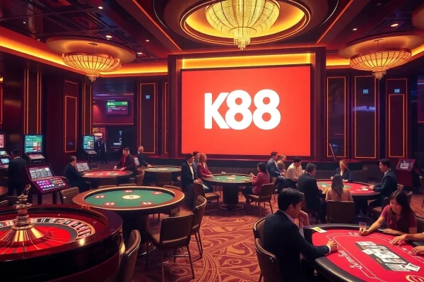 K88 casino scene showcasing poker tables and roulette wheels filled with enthusiastic players in a luxurious setting.