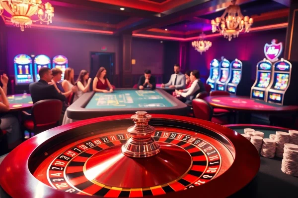 Para pemain merasakan aksi mendebarkan di acara kasino 'datukwin' dengan meja poker dan roulette.