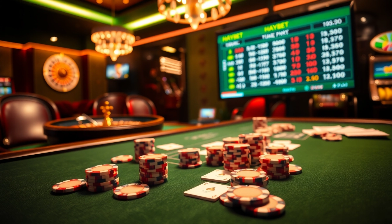 A thrilling casino atmosphere featuring HAYBET branding on poker tables with vibrant chips and cards.