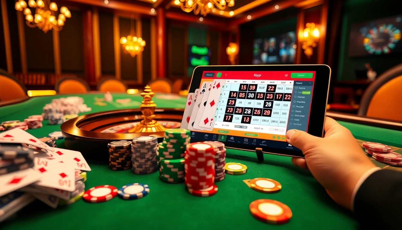 Rikvip platform showcasing an exciting online gaming environment with poker chips and roulette.