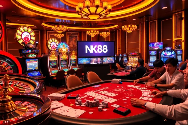 Engaging scene illustrating link vào NK88 with dynamic casino gameplay and players enjoying gaming thrills.