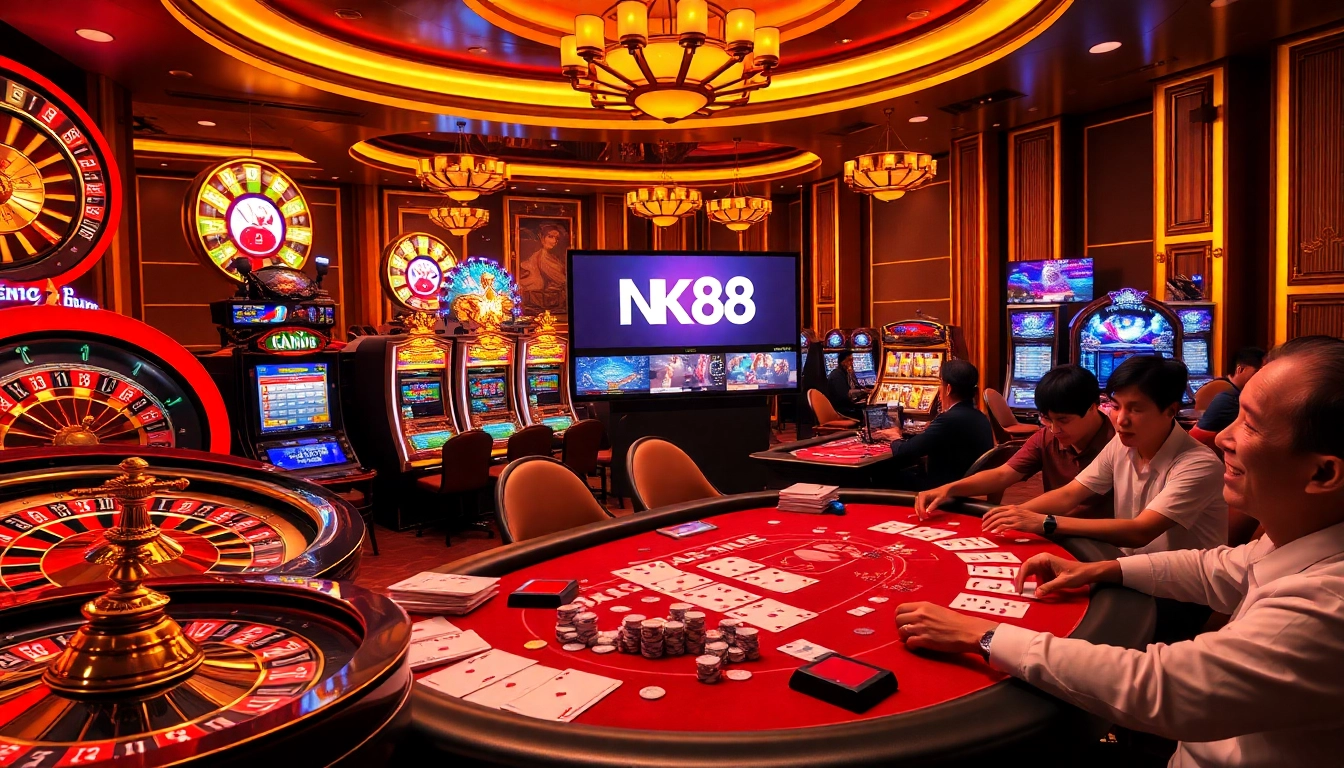 Engaging scene illustrating link vào NK88 with dynamic casino gameplay and players enjoying gaming thrills.