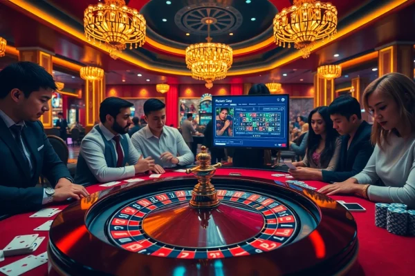 Engaged players exploring Tool xổ số siêu tốc at a vibrant casino, focusing on high-stakes gambling.