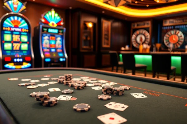 SODO66 poker table with chips and cards set in a luxurious casino environment for an engaging gambling experience.