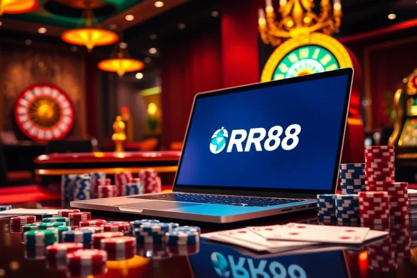 Engage in thrilling gameplay at https://rr88wang.com/ with poker chips and card games around a sleek laptop.