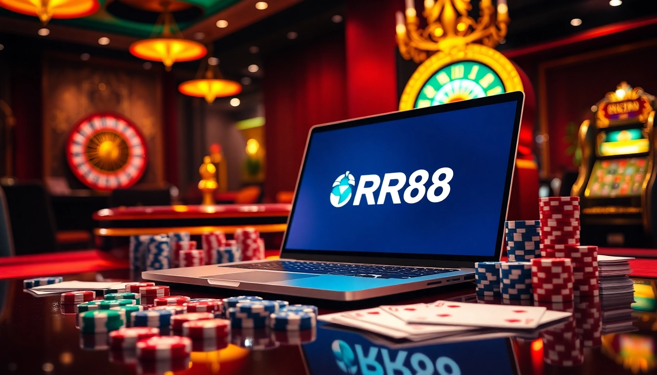 Engage in thrilling gameplay at https://rr88wang.com/ with poker chips and card games around a sleek laptop.