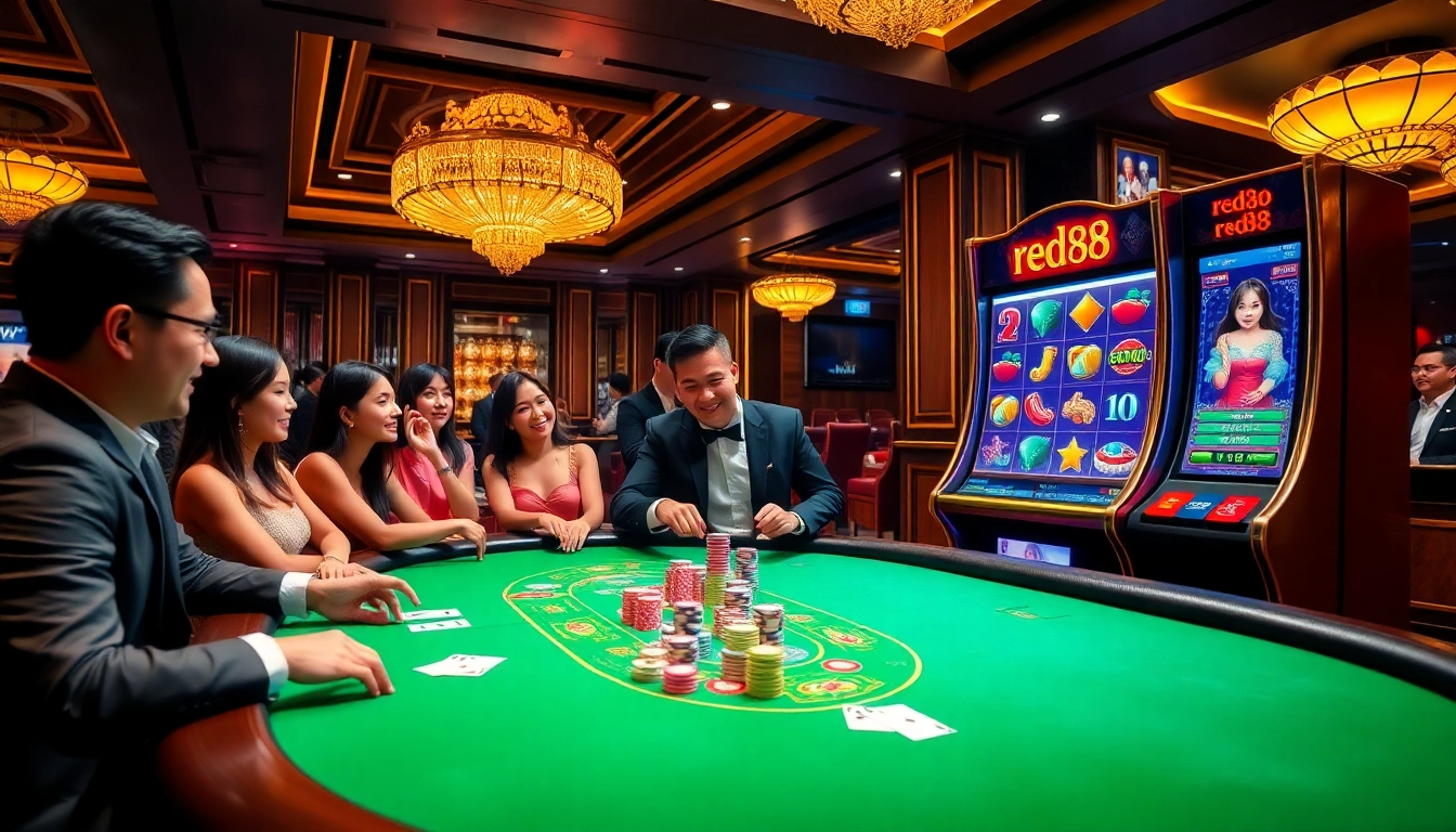 Experience the thrill at nhà cái red88 with players enjoying baccarat and engaging slot machines.