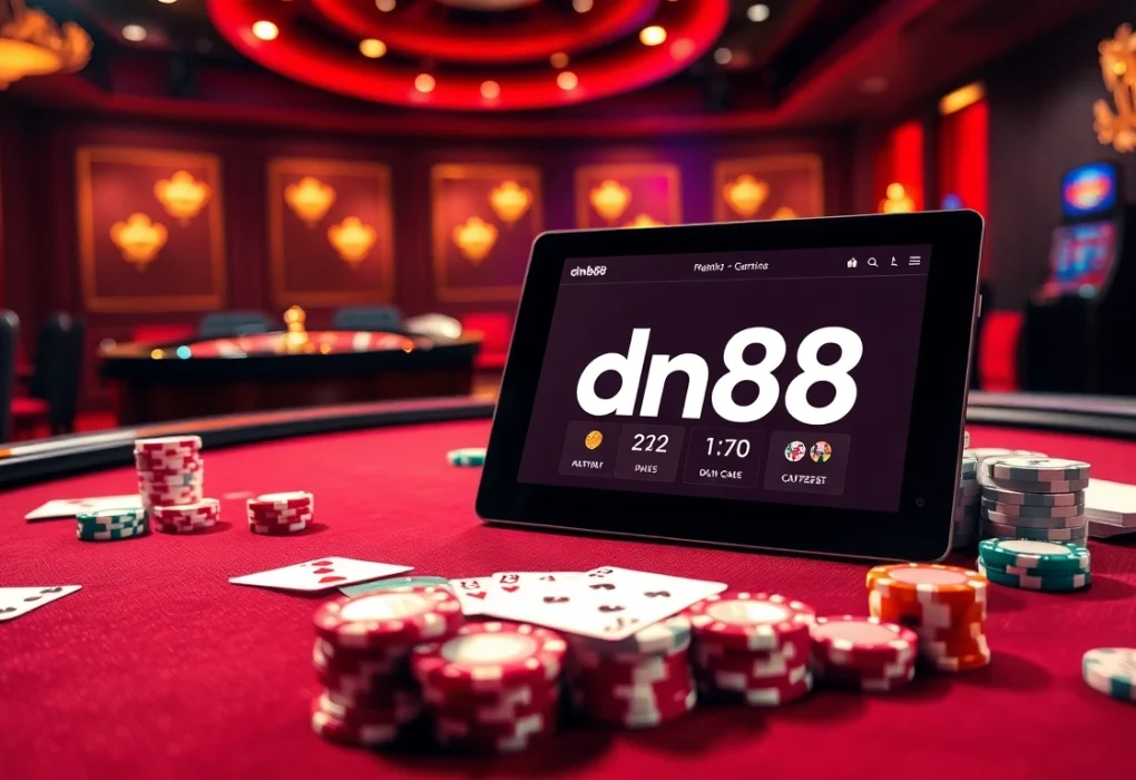 Engage with the dn88 link in a luxurious casino setting, featuring a poker table and betting elements.