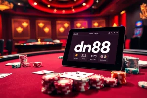 Engage with the dn88 link in a luxurious casino setting, featuring a poker table and betting elements.
