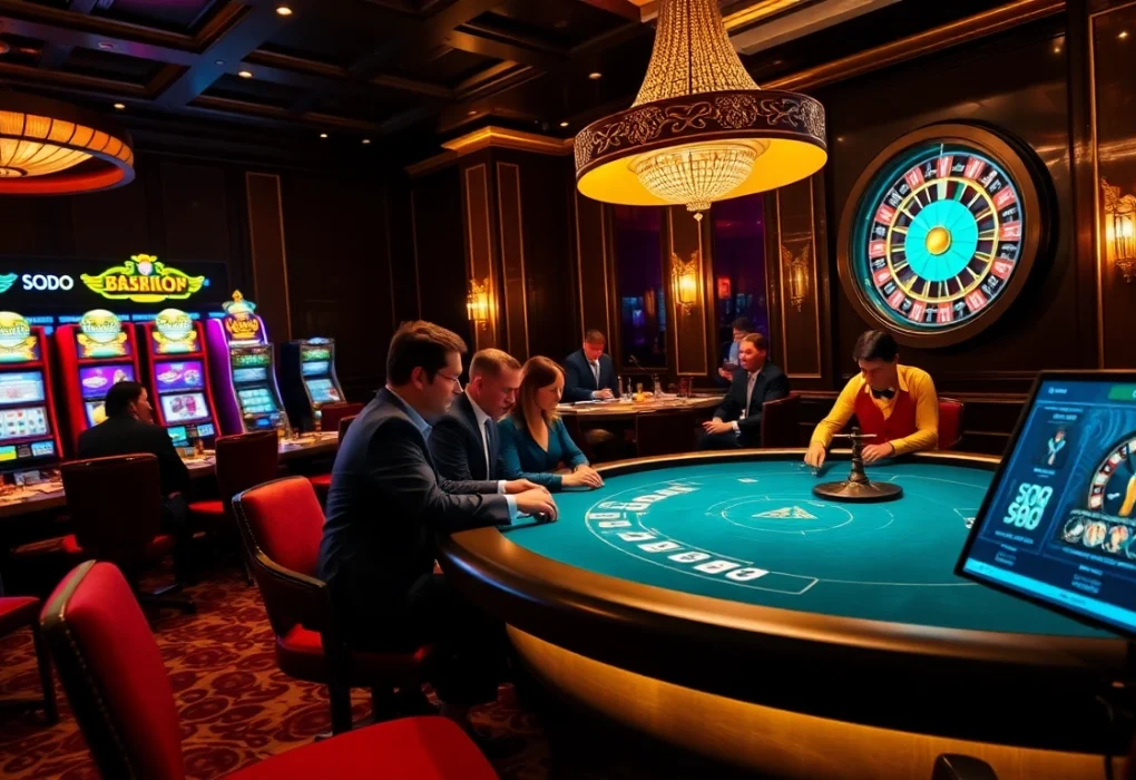 Exciting gameplay at SODO Casino with players strategizing at the poker table and vibrant slot machines.