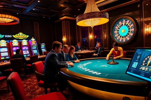 Exciting gameplay at SODO Casino with players strategizing at the poker table and vibrant slot machines.