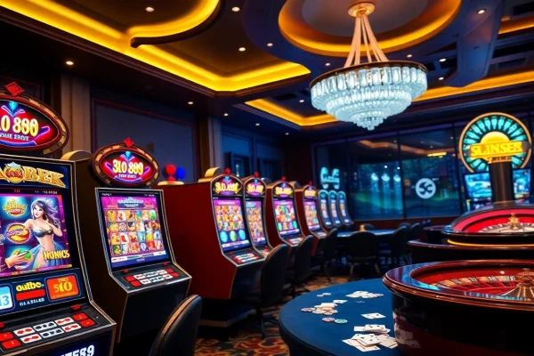 Players enjoying vibrant slot888 machines in a luxurious casino setting.