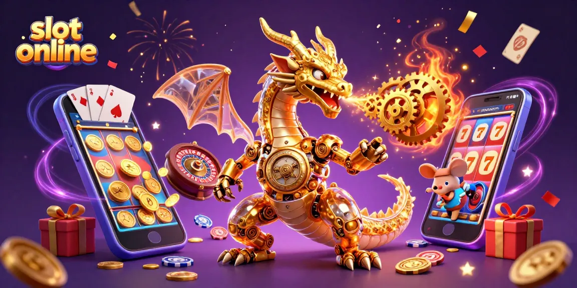 Experience thrilling slot online action with a biomechanical dragon amidst dynamic game elements and vibrant celebrations