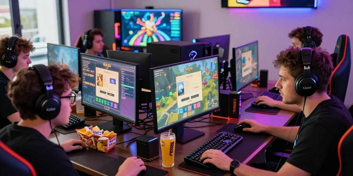 Raja Game login scene with players at computers, vibrant gaming atmosphere.