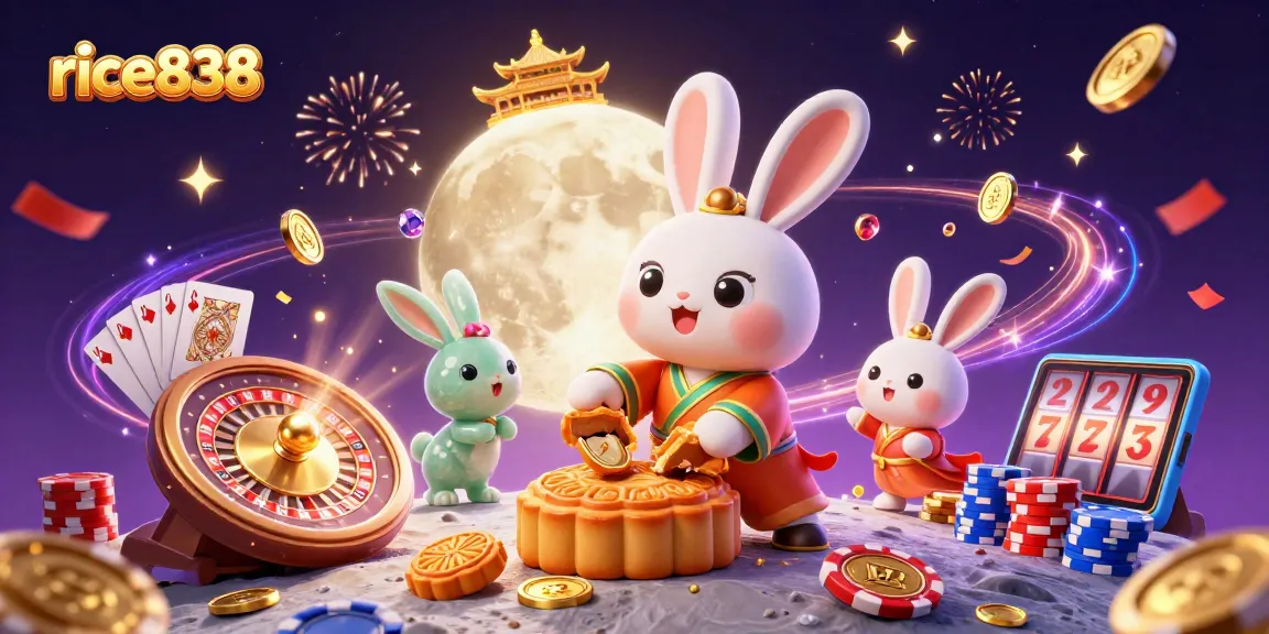 Experience the thrills of rice838 with an enchanting moon rabbit in a vibrant casino landscape.