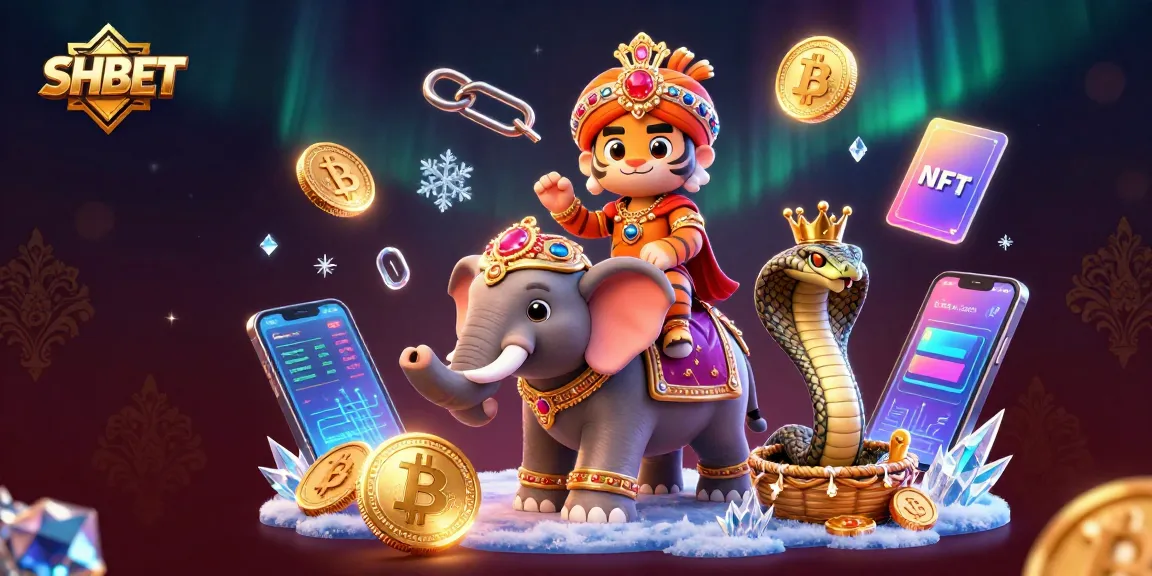 Experience SHBET's gaming excitement with vibrant 3D illustration of an Indian maharaja, elephant, and crypto elements.