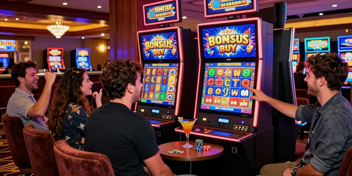 Engaged players at a Bonus Buy slot machine at https://bbsfieldguide.org.uk/, showcasing vibrant casino ambiance with excitement.