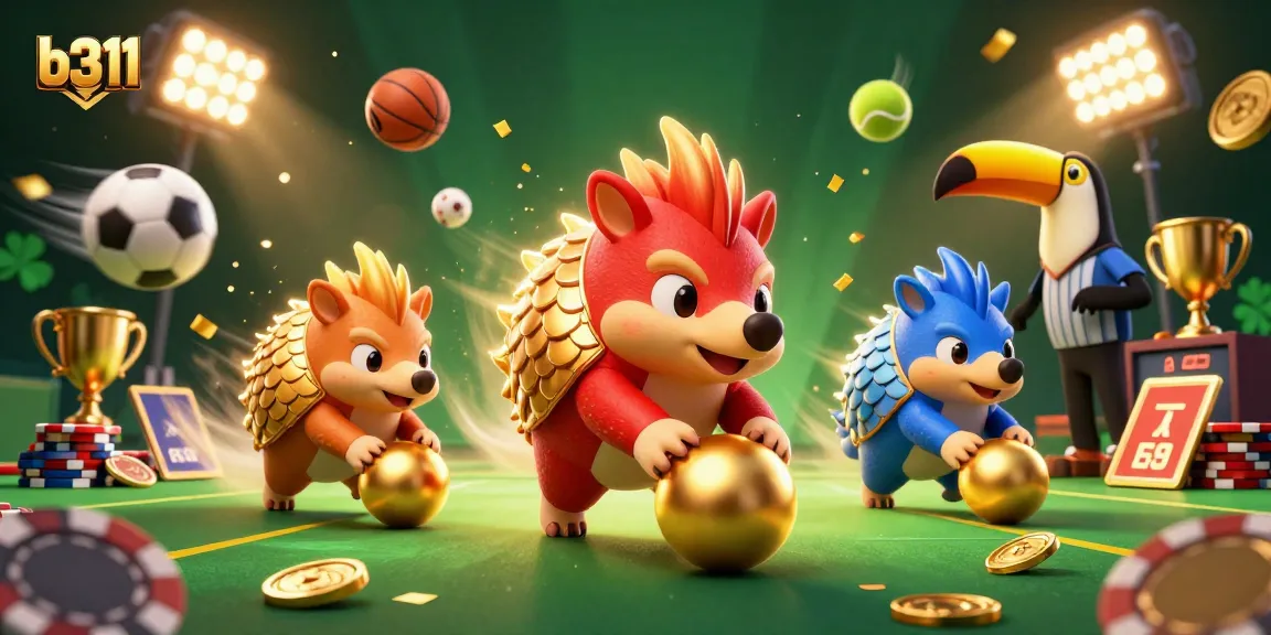 A ilustração b311 apresenta dois pangolins rivais jogando boliche entre fichas de poker, criando uma cena empolgante no cassino.