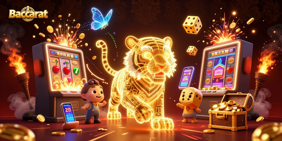 Baccarat players enjoying a thrilling casino experience with a neon tiger and vibrant slot elements.